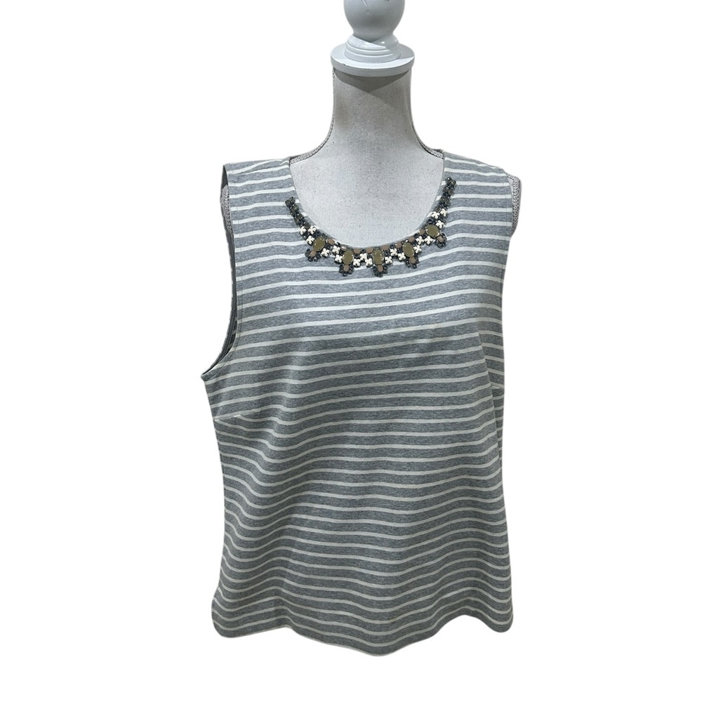 J. Crew Gray White Striped sleeveless Tank Top Embellished beaded Neckline sz xl